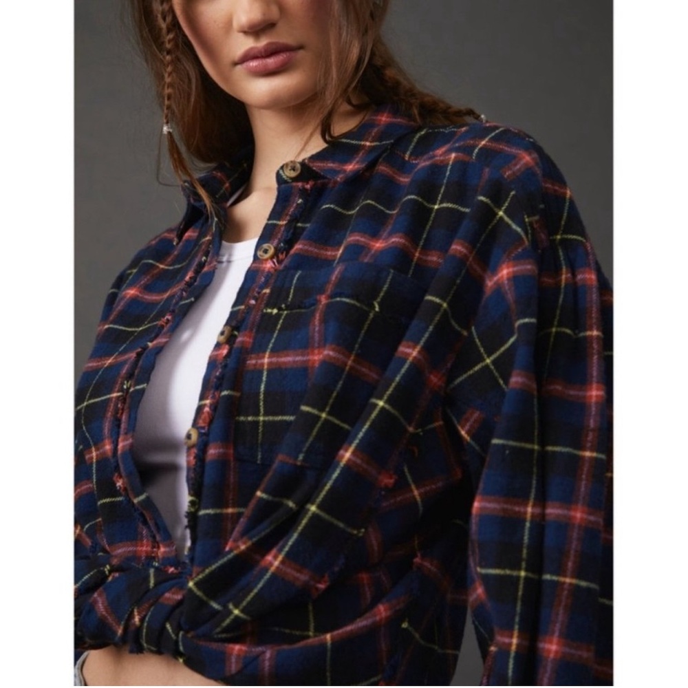 FREE PEOPLE Happy Hour Plaid Flannel Top / Navy Combo - Picture 2 of 11